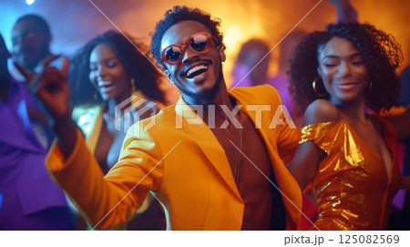 Joyful dancers celebrate in vibrant costumes at an energetic event 125082569