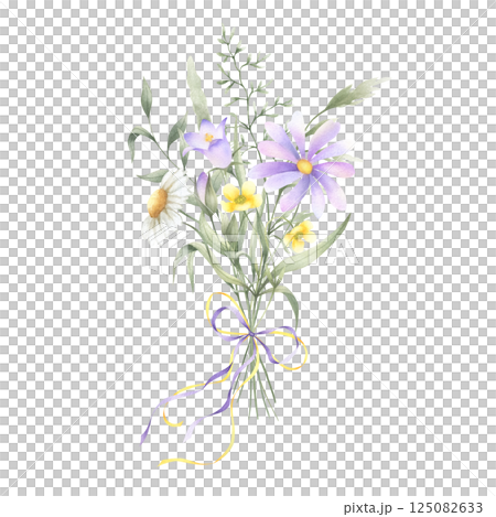 Bouquet of watercolor wildflowers bellflower, buttercup, chamomile and meadow grasses tied ribbon bow. Hand drawn isolated illustration of yellow and lilac flowers for invitations, cards and stickers 125082633