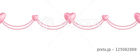 Coquette hearts, beads and necklaces in pastel pink color. Isolated watercolor seamless border of delicate pastel trendy accessories hand drawn for cutecore, romantic design, fabric, packaging tape Coquette hearts, beads and necklaces in pastel pink color. Isolated watercolor seamless border of delicate pastel trendy accessories hand drawn for cutecore, romantic design, fabric, packaging tape 125082809