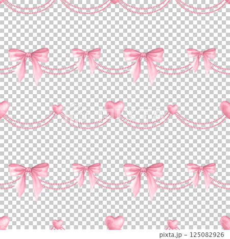Coquette Bows, hearts, beads and necklaces in pastel pink color. Isolated watercolor seamless pattern of pendants hand drawn for cutecore, romantic design, fabric, textile, wrapping and scrapbook 125082926
