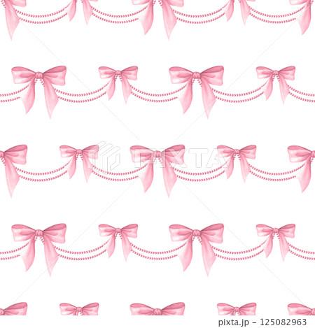 Coquette Bows, beads and necklaces in pastel pink color. Isolated watercolor seamless pattern of pendants hand drawn for cutecore, romantic design, fabric print, textile, wrapping paper and scrapbook Coquette Bows, beads and necklaces in pastel pink color. Isolated watercolor seamless pattern of pendants hand drawn for cutecore, romantic design, fabric print, textile, wrapping paper and scrapbook 125082963