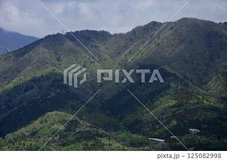 丹沢の鉄砲木ノ頭山頂より望む新緑の道志山塊 石割山 丹沢の鉄砲木ノ頭山頂より望む新緑の道志山塊 石割山 125082998
