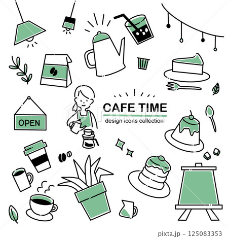 シンプルな手書き風カフェアイコンセット －喫茶店・スタッフ・料理のゆるいビジネスイラスト 125083353