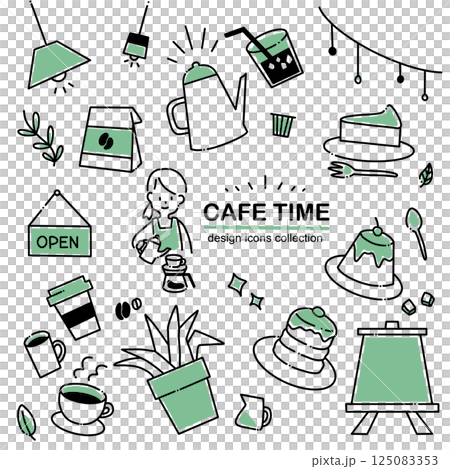 シンプルな手書き風カフェアイコンセット －喫茶店・スタッフ・料理のゆるいビジネスイラスト 125083353