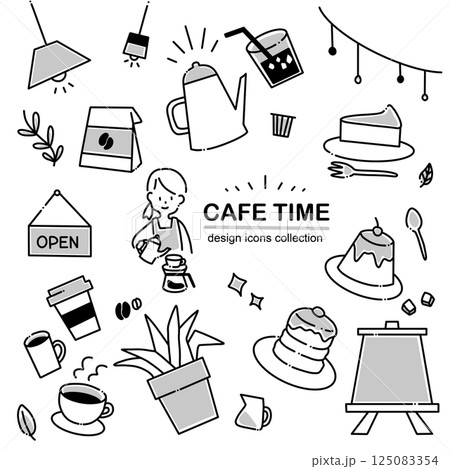 シンプルな手書き風カフェアイコンセット -喫茶店・スタッフ・料理のゆるいビジネスイラスト シンプルな手書き風カフェアイコンセット -喫茶店・スタッフ・料理のゆるいビジネスイラスト 125083354