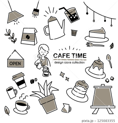 シンプルな手書き風カフェアイコンセット －喫茶店・スタッフ・料理のゆるいビジネスイラスト 125083355