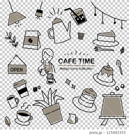 シンプルな手書き風カフェアイコンセット －喫茶店・スタッフ・料理のゆるいビジネスイラスト 125083355