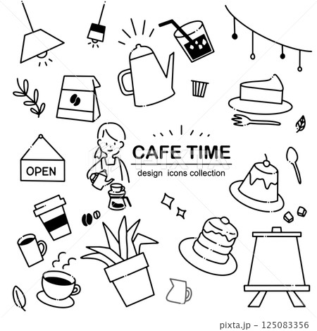シンプルな手書き風カフェアイコンセット －喫茶店・スタッフ・料理のゆるいビジネスイラスト 125083356