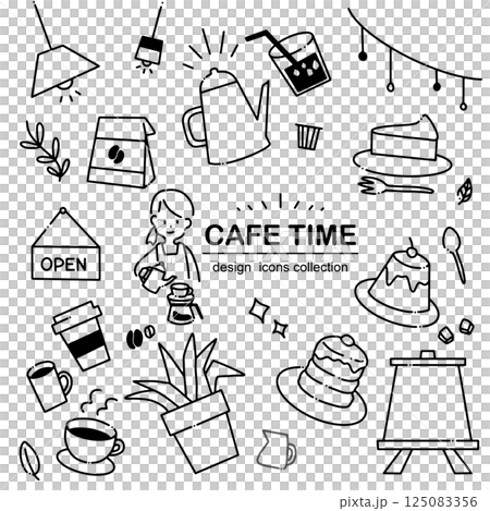 シンプルな手書き風カフェアイコンセット －喫茶店・スタッフ・料理のゆるいビジネスイラスト 125083356