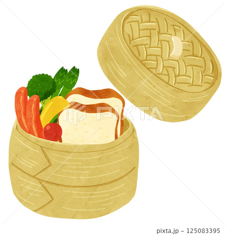 せいろに入った食パンと野菜　蓋つき　水彩風手描きイラスト 125083395