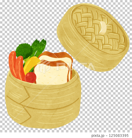 せいろに入った食パンと野菜　蓋つき　水彩風手描きイラスト 125083395
