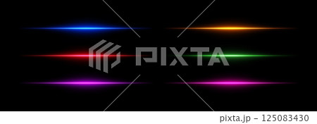 Neon line light and flare effect. Laser beam glow. Led horizontal stripes. Fluorescent vector illustration set of isolated elements on black background. Neon line light and flare effect. Laser beam glow. Led horizontal stripes. Fluorescent vector illustration set of isolated elements on black background. 125083430