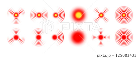 Pain icon red circle. Point target for inflammation illustration in muscle, body and joints. Mark for sick stomach, head or spine. Set of vector elements isolated on white background. 125083433