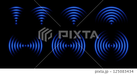 Sound wave light effect. Wifi signal glow. Neon radar sensor. Set with laser vector abstract elements. 125083434