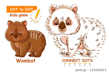 Cute wombat bear animal, connect dots number children education math puzzle game. Wild Australian Vombatus character. Draw picture join dotted line. Coloring book page. Kid logic learning task. Vector 125083623