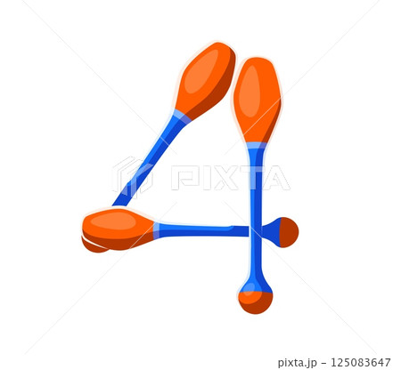 Cartoon number four made of gymnastics maces. Vector sport font, 4 math symbol, typeface, funny type, kids alphabet for children mathematics or arithmetic learning and counting educational activities Cartoon number four made of gymnastics maces. Vector sport font, 4 math symbol, typeface, funny type, kids alphabet for children mathematics or arithmetic learning and counting educational activities 125083647