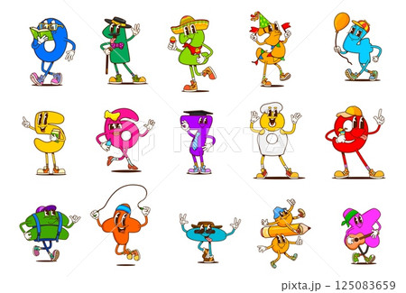 Cartoon math numbers groovy characters, happy hippie mathematics symbols and psychedelic digits vector personages. Groovy numbers having fun at party, playing guitar and reading book, kids education Cartoon math numbers groovy characters, happy hippie mathematics symbols and psychedelic digits vector personages. Groovy numbers having fun at party, playing guitar and reading book, kids education 125083659