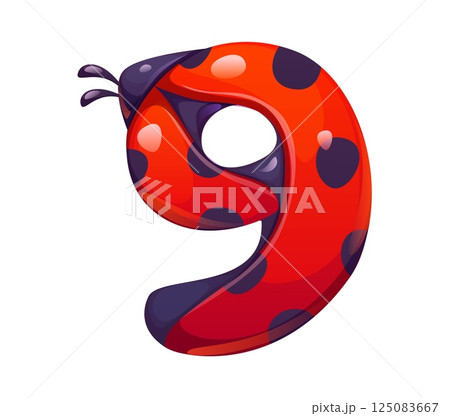 Ladybug cartoon font digit 9 nine. Cute lady bug kids ABC typeface digit, red insect cartoon vector mathematics type numeral symbol. Spring ladybird math typeface figure or alphabet font number 125083667
