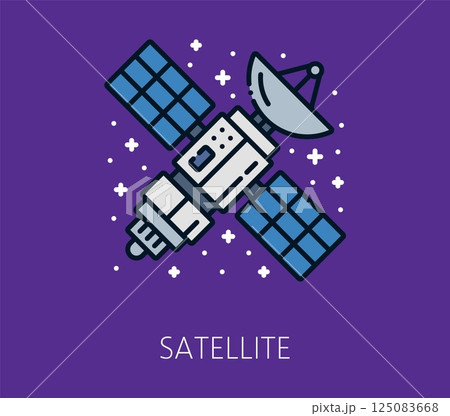 Color line galaxy space icon of satellite orbiting in space equipped with solar panels and communication dish. Linear vector cosmic symbol of modern technology, telecommunication and space exploration Color line galaxy space icon of satellite orbiting in space equipped with solar panels and communication dish. Linear vector cosmic symbol of modern technology, telecommunication and space exploration 125083668
