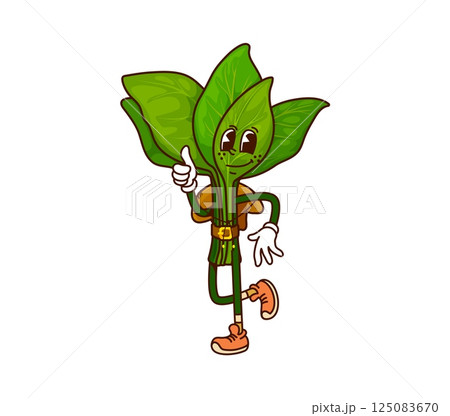 Cartoon groovy spinach cowboy vegetable and bandit character. Funny vector courageous western green food ranger, sheriff, robber personage with hat, belt and retro hippie sneakers pointing with finger Cartoon groovy spinach cowboy vegetable and bandit character. Funny vector courageous western green food ranger, sheriff, robber personage with hat, belt and retro hippie sneakers pointing with finger 125083670
