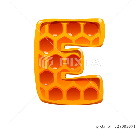 Honey font typeface, honeycomb letter E. Beekeeping harvest type sign, honey bee farm vector element. Apiary farming English alphabet font letter or sweet honey agriculture kids ABC typeset symbol 125083671