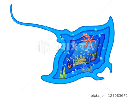Manta ray paper cut silhouette with underwater landscape and fishes, vector background. Ocean undersea or sea underwater with paper cut stingray or manta ray, cartoon octopus and tuna in seaweeds Manta ray paper cut silhouette with underwater landscape and fishes, vector background. Ocean undersea or sea underwater with paper cut stingray or manta ray, cartoon octopus and tuna in seaweeds 125083672