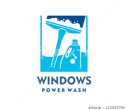 Window washing service icon with squeegee and glass for home cleaning, vector emblem. House cleaning and windows wash icon with detergent and squeegee scraper for professional maintenance service 125083704