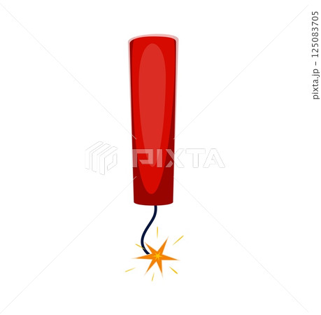 Cartoon exclamation mark as red dynamite stick with a lit fuse, symbolizing danger and explosion. Vector punctuation symbol, kids cowboy font, wild west typeface, western type, sheriff alphabet glyph 125083705