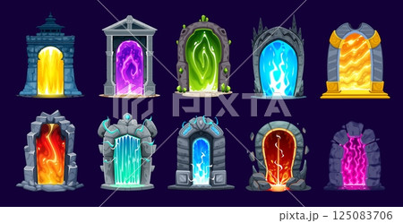 Magic teleport portal gates and doors for game asset, vector cartoon elements. Magic fantasy and witchcraft game assets of portal doors with plasma or mystic fire in fireplace with teleport entrance 125083706