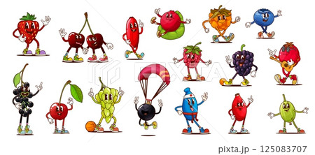 Groovy berry fruit characters on fitness sport, retro hippie food vector personages. Cartoon cute cherry, strawberry and grapes berries playing sport games. Funky groovy cranberry and raspberry fruits 125083707