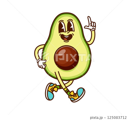 Cartoon groovy avocado vegetable character. Isolated vector tropical fruit personage with a big smile, cool sneakers and cheerful face, pointing and representing relaxed, fun and playful retro vibes 125083712