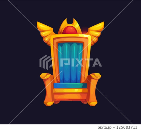 Majestic throne ancient Egypt game icon, Egyptian treasure asset. Cartoon vector luxurious royal seat adorned with golden details, blue cushioning and winged decorations, topped with a glowing red gem 125083713