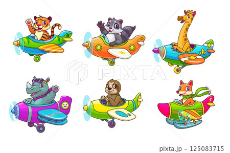 Cartoon animal kid pilots on planes, baby boy and girl characters. Vector cute giraffe, tiger, rhino and fox, sloth and raccoon animals flying on airplanes with propellers. Funny little aviators set Cartoon animal kid pilots on planes, baby boy and girl characters. Vector cute giraffe, tiger, rhino and fox, sloth and raccoon animals flying on airplanes with propellers. Funny little aviators set 125083715