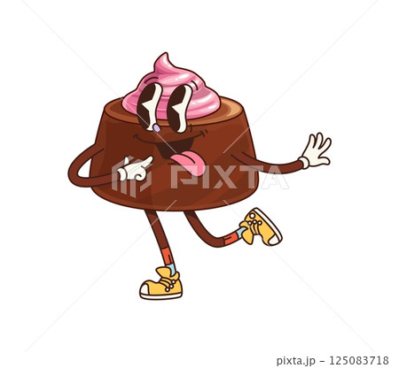 Groovy chocolate candy character. Isolated cartoon vector dessert retro personage with quirky expression topped with a whipped cream. Delectable and fun sweet pastry with big smile and trendy sneakers Groovy chocolate candy character. Isolated cartoon vector dessert retro personage with quirky expression topped with a whipped cream. Delectable and fun sweet pastry with big smile and trendy sneakers 125083718