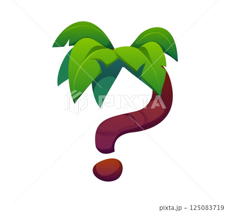 Summer holiday party cartoon font palm tree punctuation question mark. Summer vacation English alphabet type symbol, holiday leisure vector typeset element. Resort kids ABC typeface punctuation mark 125083719