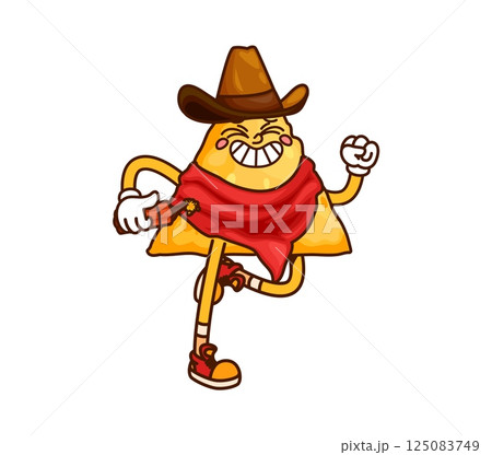 Wild West cowboy Mexican triangle nacho chip cartoon cute character. Texas cowboy corn appetizer funny personage. Wild West ranger or bandit nacho chip groovy vector happy mascot running with dynamite Wild West cowboy Mexican triangle nacho chip cartoon cute character. Texas cowboy corn appetizer funny personage. Wild West ranger or bandit nacho chip groovy vector happy mascot running with dynamite 125083749