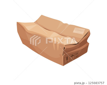 Damaged and ripped delivery cardboard box. Ripped wet shipping box, destroyed dirty isolated cartoon vector cardboard paper package. Broken crumpled delivery container or damaged crushed cargo parcel Damaged and ripped delivery cardboard box. Ripped wet shipping box, destroyed dirty isolated cartoon vector cardboard paper package. Broken crumpled delivery container or damaged crushed cargo parcel 125083757
