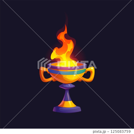 Golden chalice with an eternal flame burning brightly. Cartoon vector Ancient Egypt game icon, Egyptian treasure asset, symbolizing ritual, magic and spirituality. Ornate goblet with an eternal fire 125083759