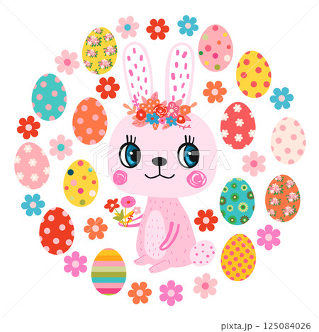 Cute vector Easter bunny design with eggs and flowers, Kawaii spring rabbit illustration for kids and baby packaging 125084026