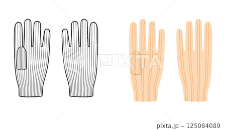 Knit Wool Gloves Short length beige cartoon and flat sketch outline Fashion accessory clothing technical illustration 125084089