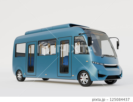 白バックにメタリックブルー色の電動バスのイメージ。オリジナルデザイン。 125084437