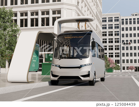 バス停留所にパンタグラフ充電しているEVバスのイメージ。オリジナルデザイン。 125084439