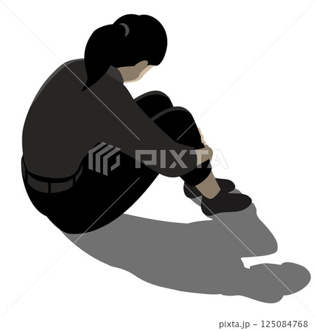 悩みや苦しみを抱えて孤独にうずくまる女性のベクターイラスト（影付き） 125084768