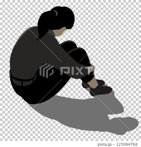 悩みや苦しみを抱えて孤独にうずくまる女性のベクターイラスト（影付き） 125084768