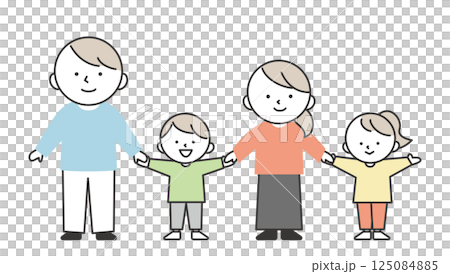 插圖為微笑的一家人手牽手。父母、兒子和女兒的簡單可愛的家庭插畫 插圖為微笑的一家人手牽手。父母、兒子和女兒的簡單可愛的家庭插畫 125084885