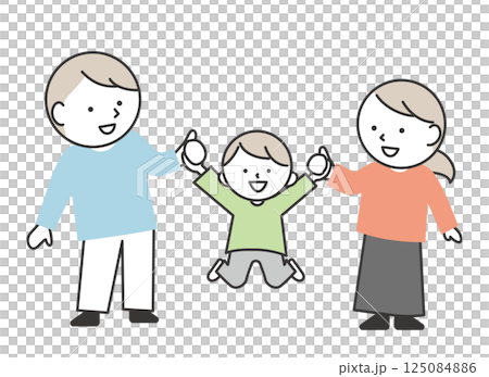 Illustration of a child hanging from his parents' hands - a simple and cute image of parent-child interaction Illustration of a child hanging from his parents' hands - a simple and cute image of parent-child interaction 125084886