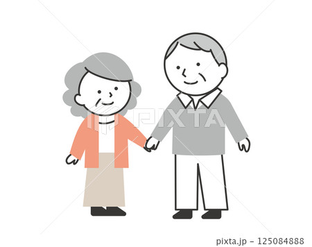 笑顔で手をつないで見つめあう老夫婦のイラスト　シンプルでかわいい高齢者カップルのお出かけ 125084888
