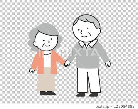 笑顔で手をつないで見つめあう老夫婦のイラスト　シンプルでかわいい高齢者カップルのお出かけ 125084888