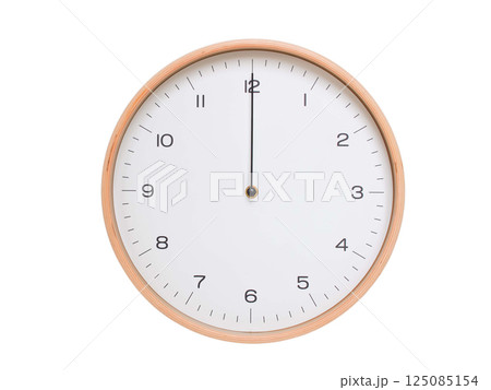 Minimal wall clock with light wood frame and white face displaying 00:00 or 12:00. Perfect for clean, modern concepts about time and scheduling. 125085154