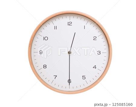 Minimal wall clock with light wood frame and white face displaying 00:30 or 12:30. Perfect for clean, modern concepts about time and scheduling. 125085160